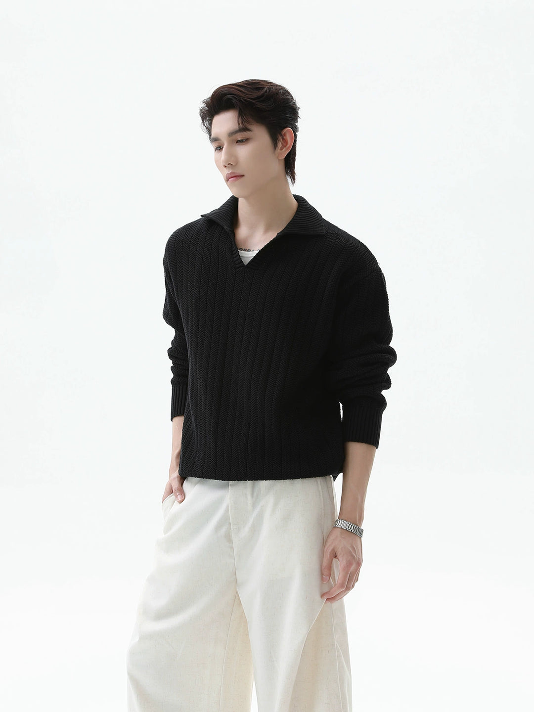 Pull décontracté à manches longues en tricot avec col à revers 