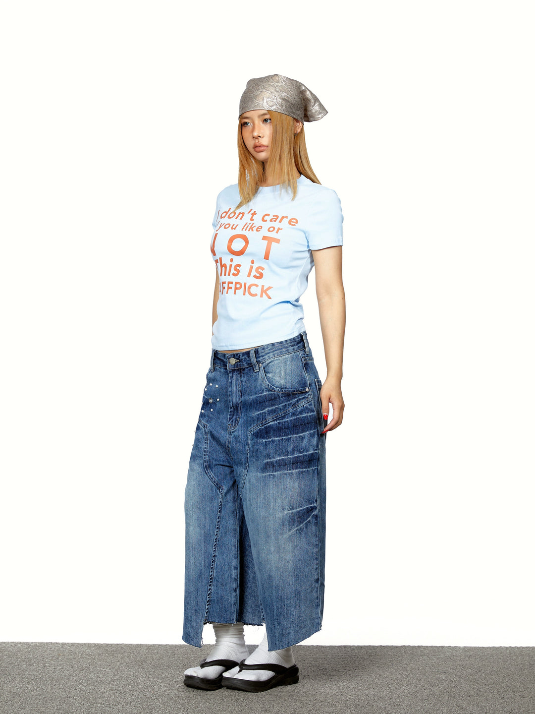Irregular Beaded Denim Cropped Wide Pants