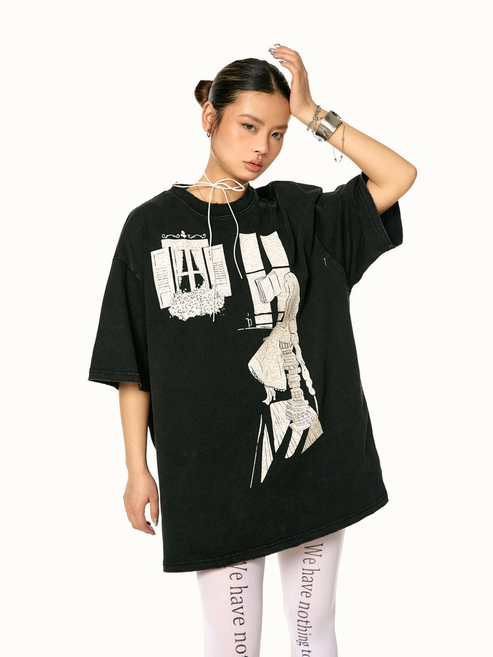 Retro Graphic Oversized Turtleneck T-Shirt
