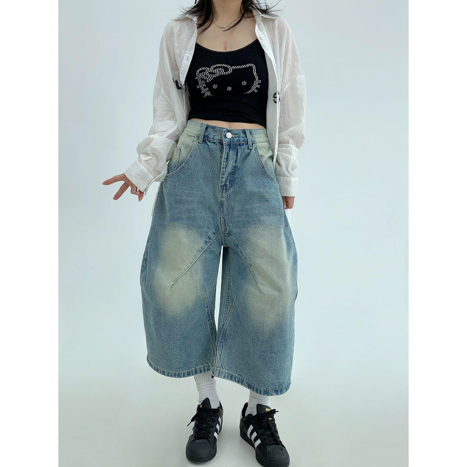 Retro lockere weit geschnittene Cropped Jeanshose 