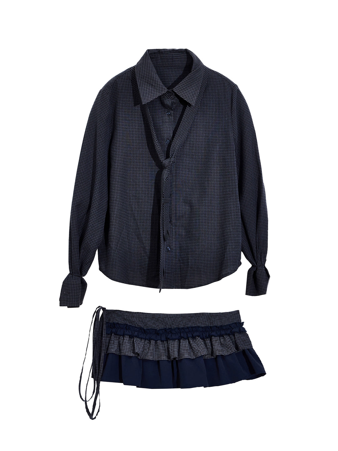 Chemise à cravate à carreaux avec ourlet plissé à volants 