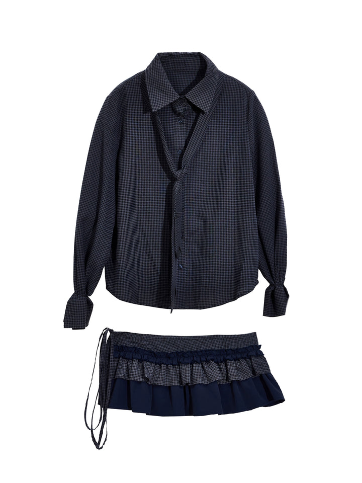 Chemise à cravate à carreaux avec ourlet plissé à volants 