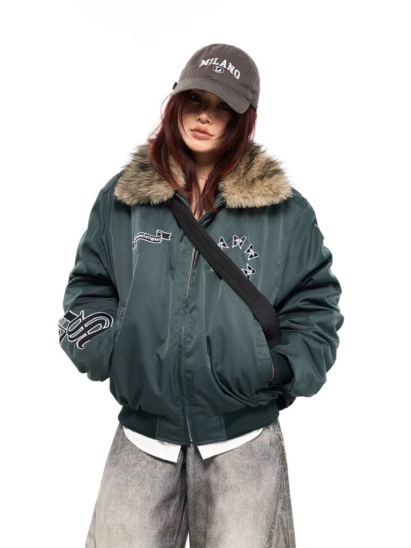 Giacca bomber con colletto in pelliccia ricamata a farfalla 