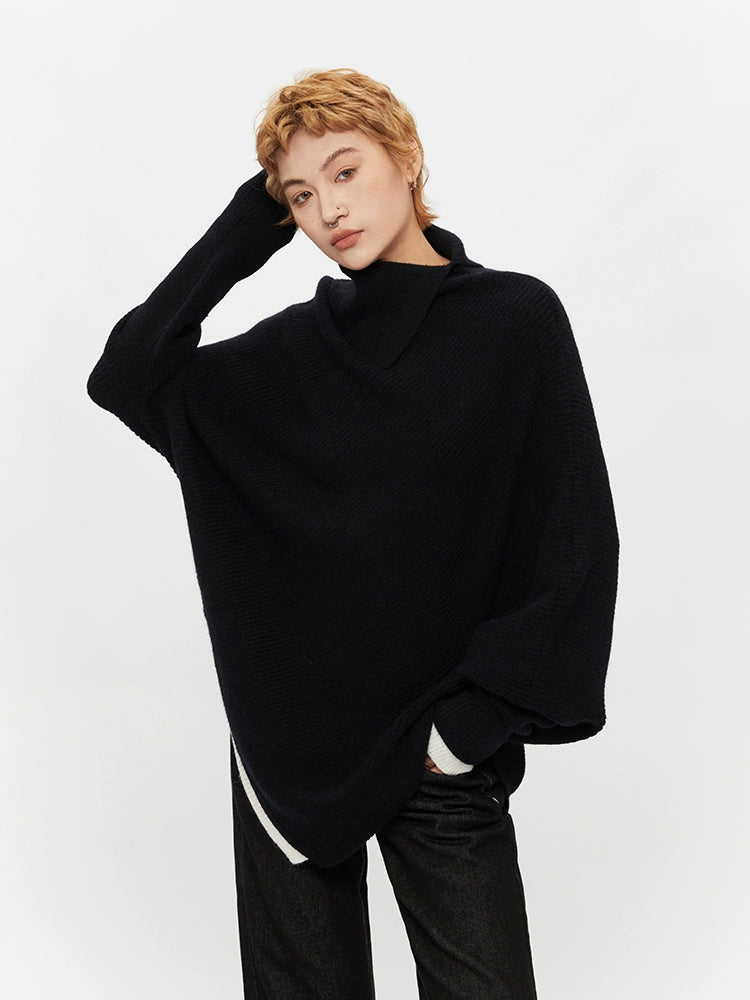 不規則なゆるいハーフタートルネックニットセーター 