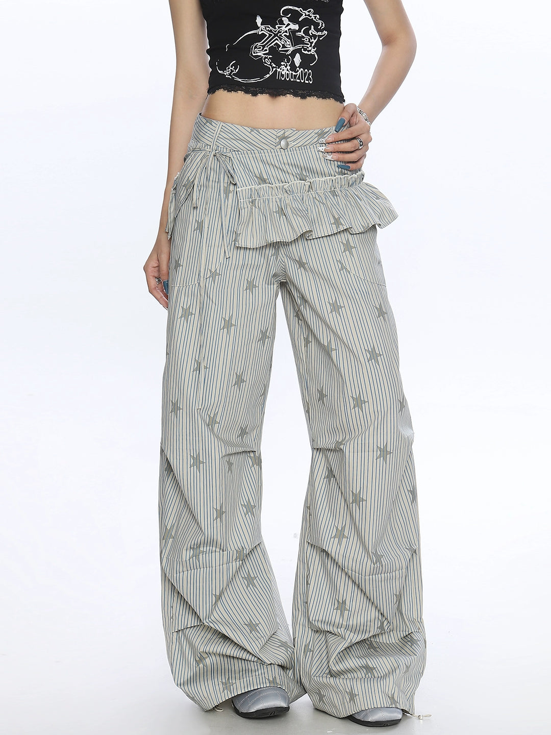 Striped Star Print Wide Leg Pants