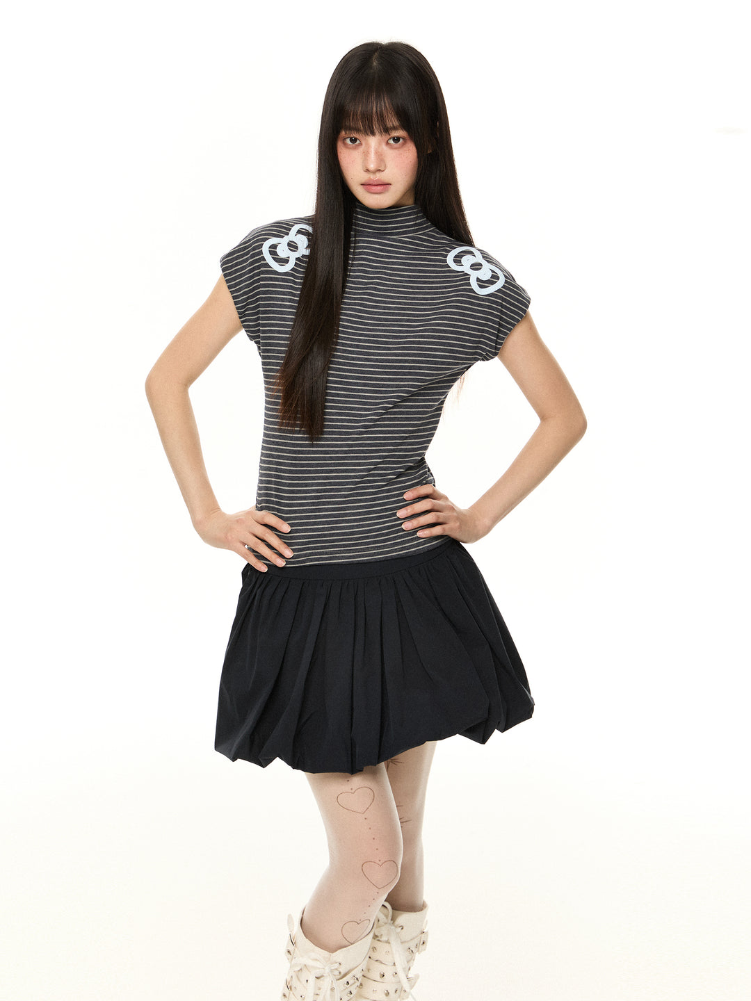 Striped Short-Sleeve Turtleneck Top
