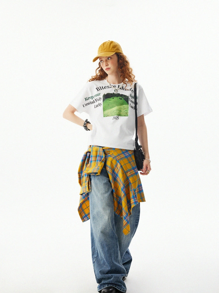 T-shirt décontracté à manches courtes avec impression de paysage 