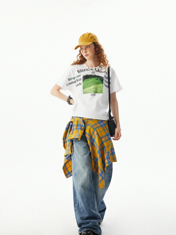 T-shirt décontracté à manches courtes avec impression de paysage 