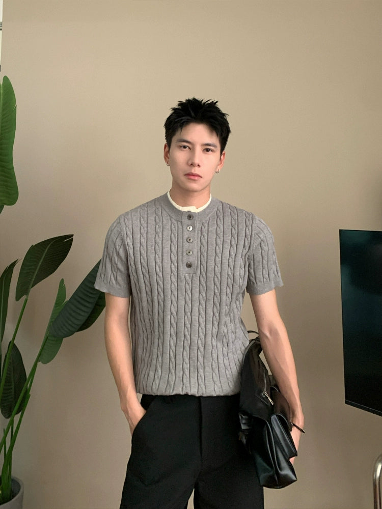 سويت شيرت بولو بأزرار وأكمام قصيرة بتصميم حياكة كابل 