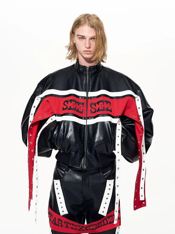 컬러블록 인조 가죽 모터사이클 봄버 자켓 