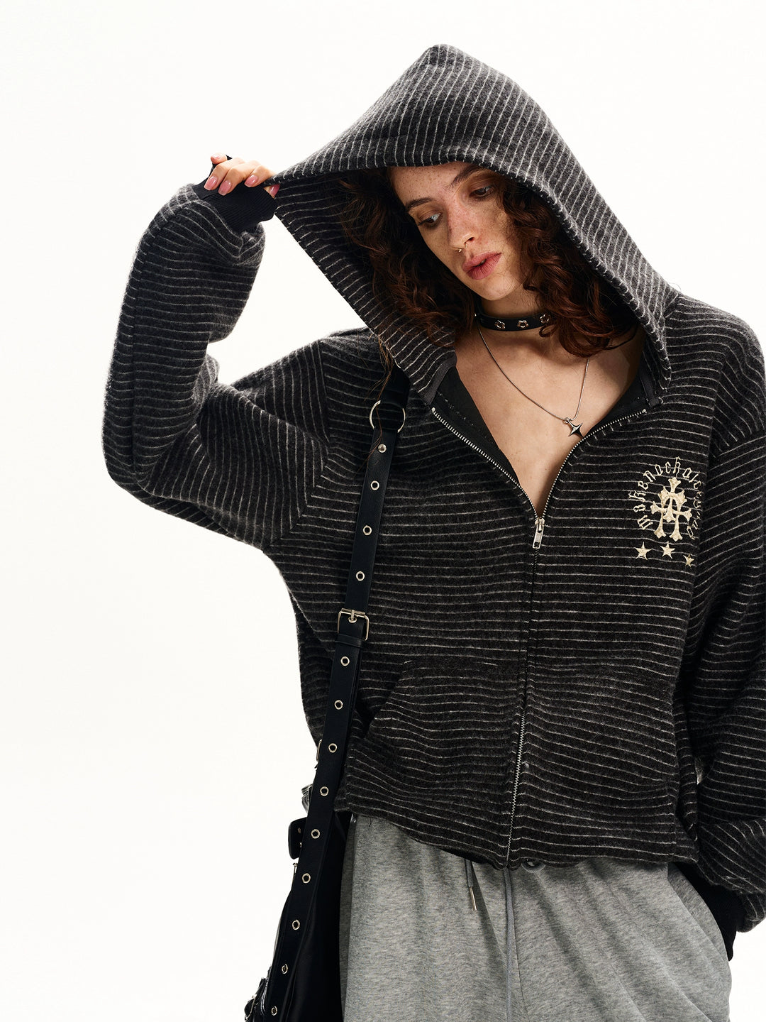 Striped Zip Up Hooded Cardigan