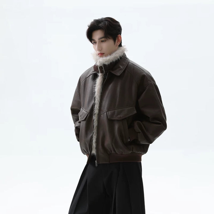 Fur Collar Shearling Leather Jacket