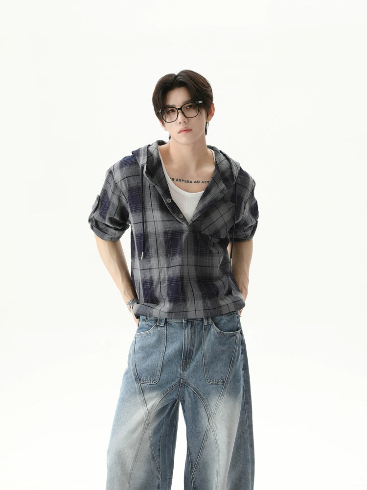 Checked Drawstring Hooded Shirt