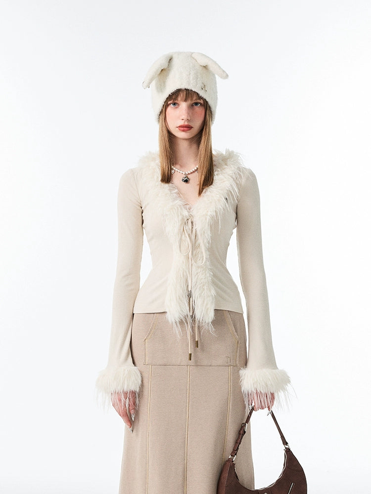 Faux päls trim V-ringad stickad cardigan 