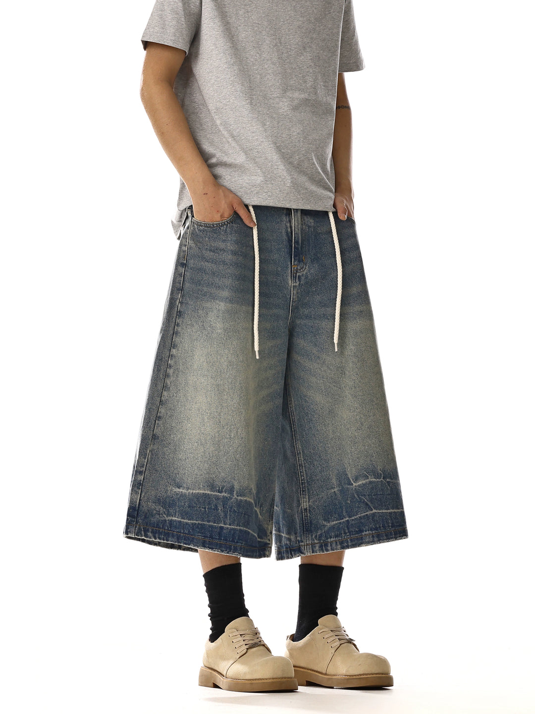 Brede-Leg Trekkoord Geknipte Denim Broek 