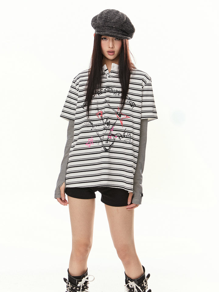 Striped Retro Graphic Loose Turtleneck Top