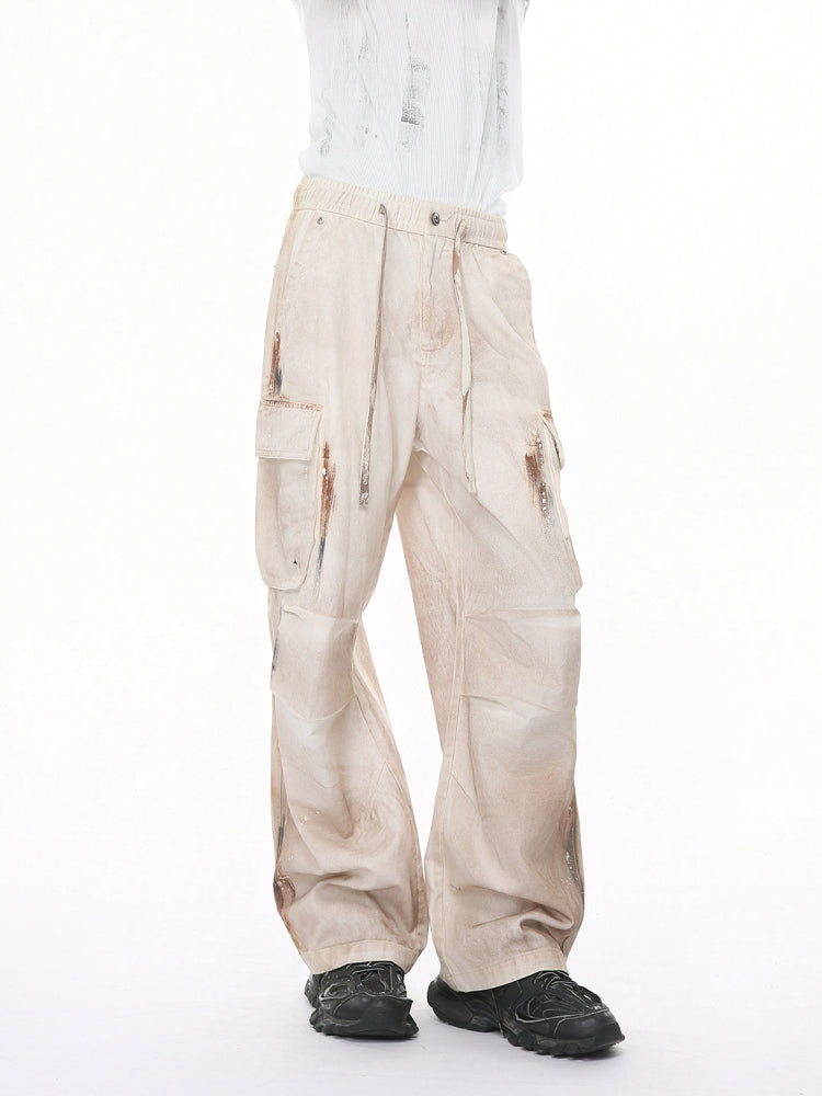 Pantalones de trabajo con cintura elástica en estilo retro desgastado 