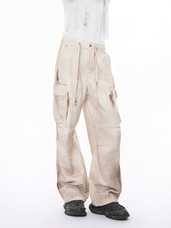 Pantalones de trabajo con cintura elástica en estilo retro desgastado 