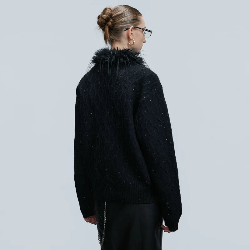 Fur Collar Cable Knit Cardigan