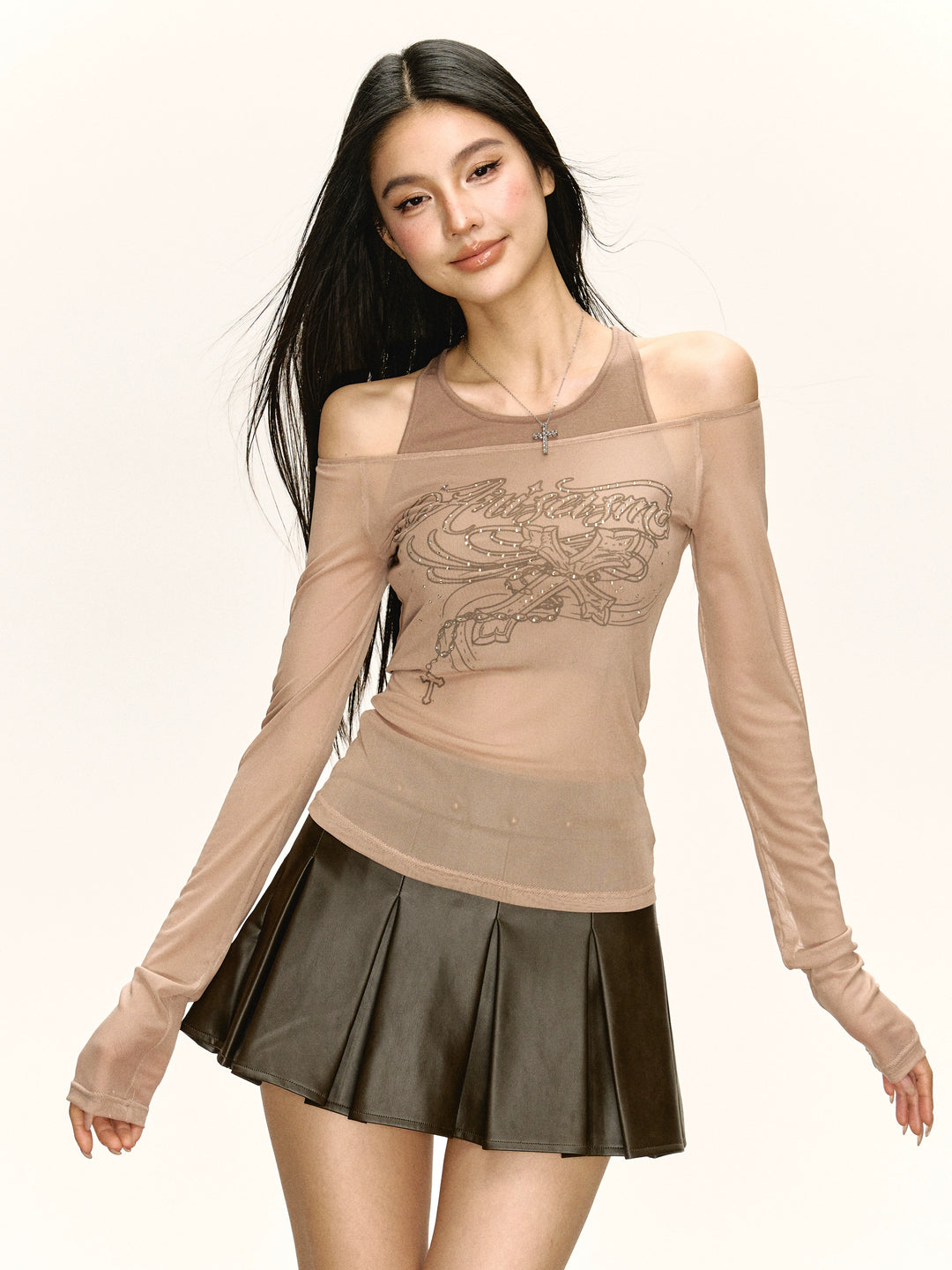 Mesh Cold Shoulder Slim Long-Sleeve Top