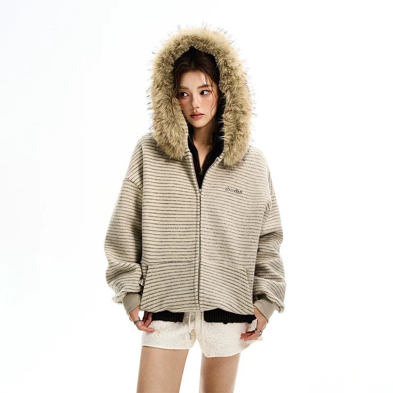 Fur Collar Striped Hooded Sweatshirt