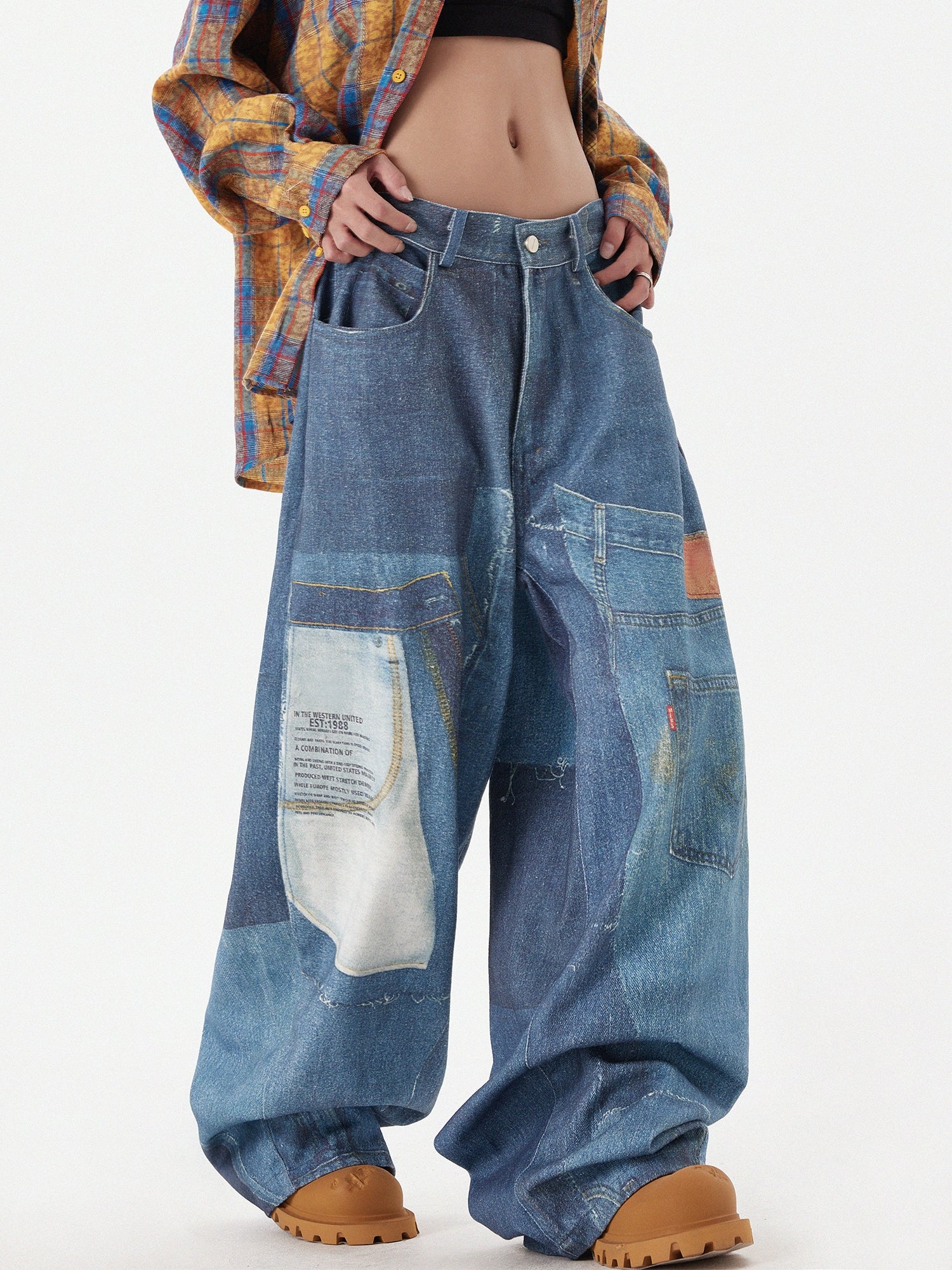 Wide-Leg Patchwork Print Denim Pants