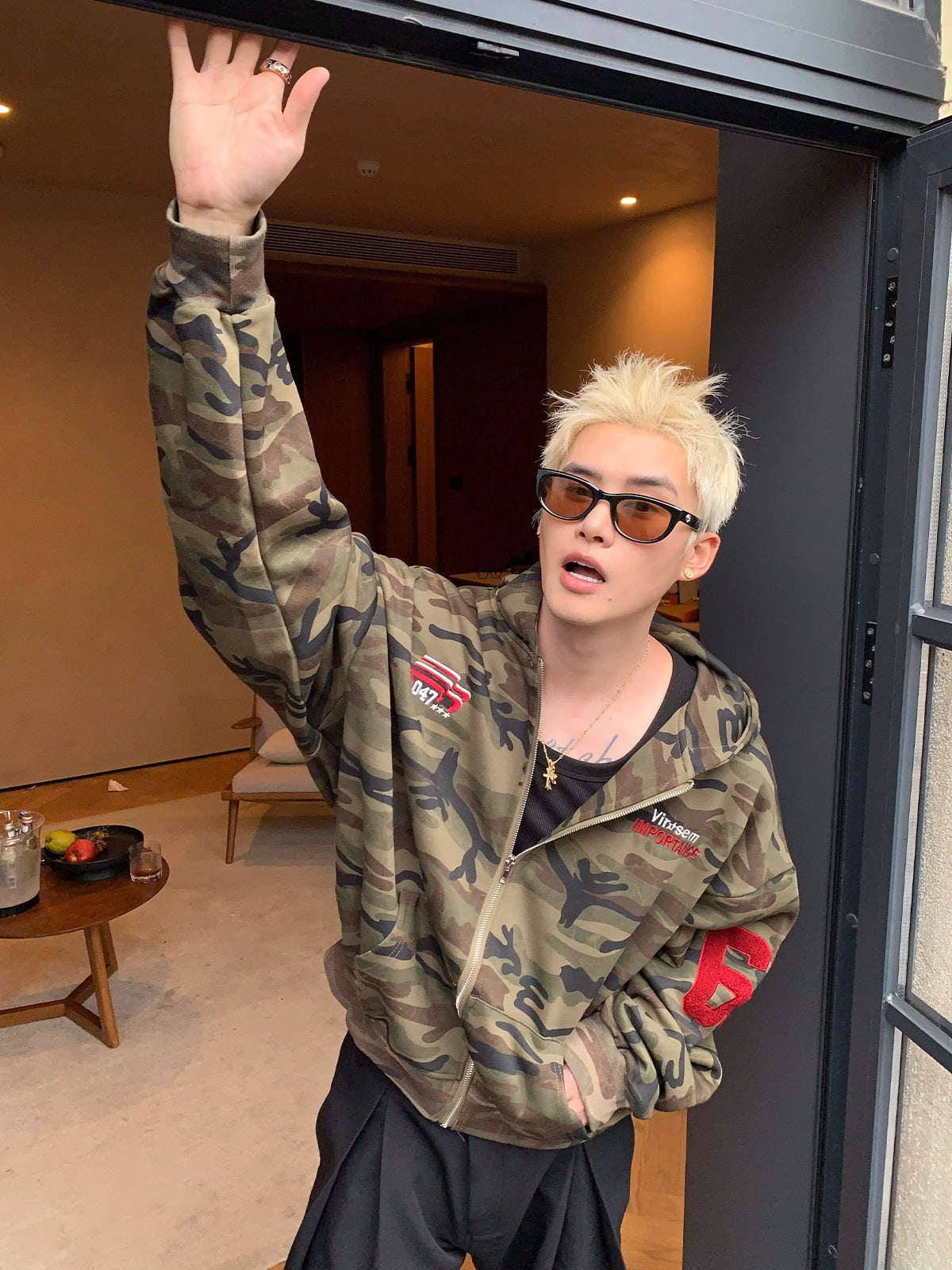 Camouflage Embroidered Zip Up Hooded Sweatshirt