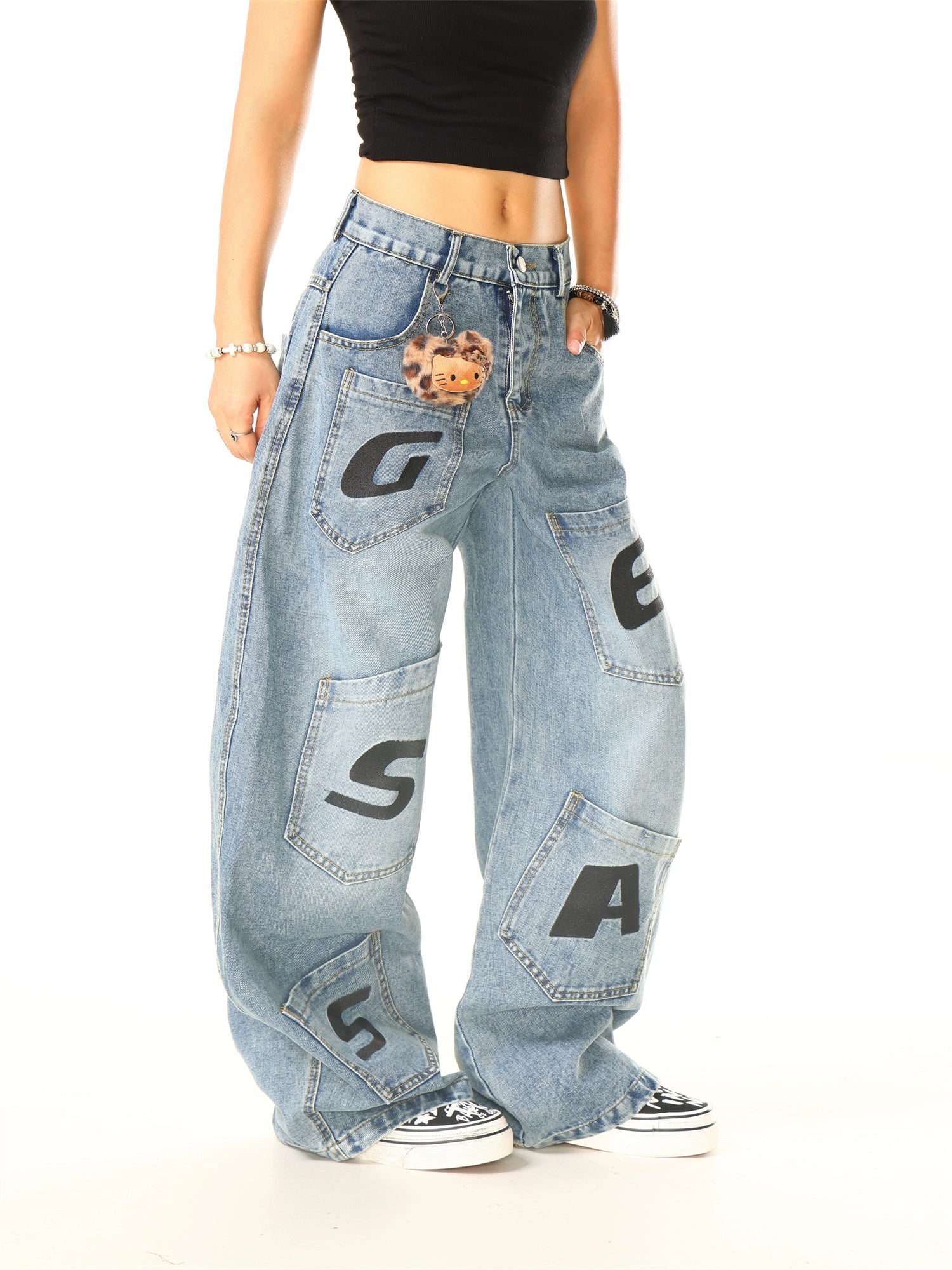 Retro verwaschene weite Beinhosen mit Buchstaben 