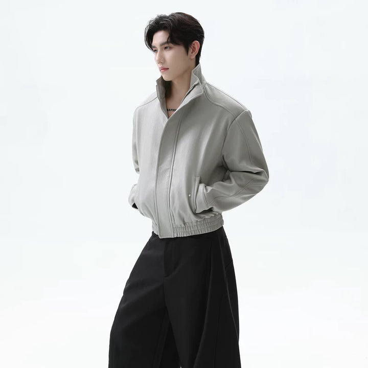 Oversized Leather Collared Short Jacket