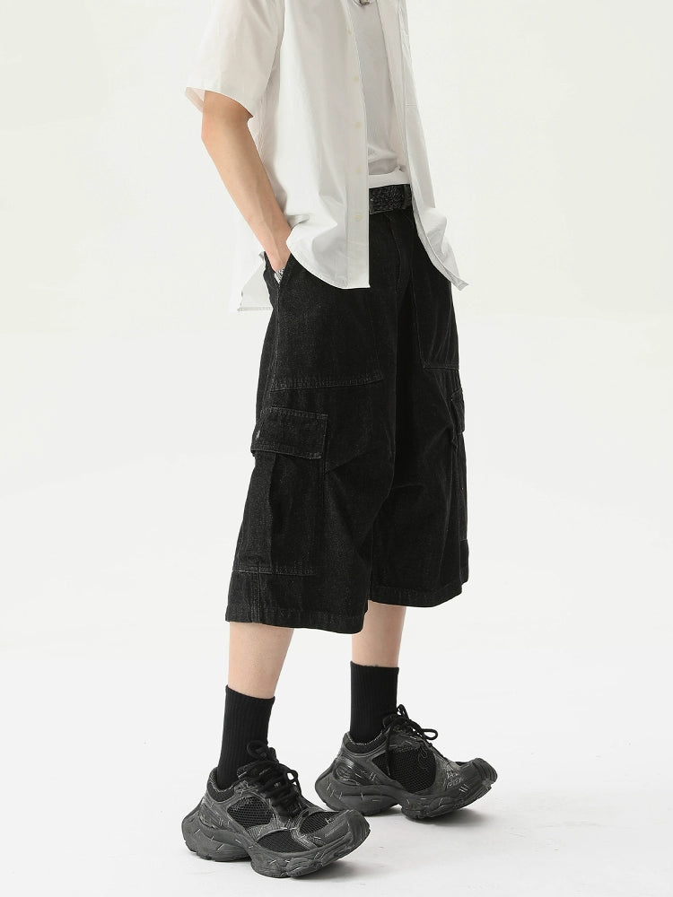 Denim Wide-Leg Cargo Shorts