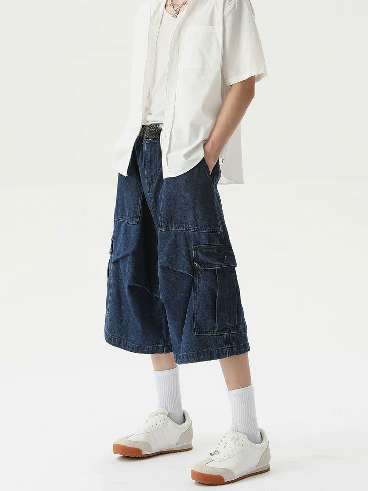 Denim Wide-Leg Cargo Shorts