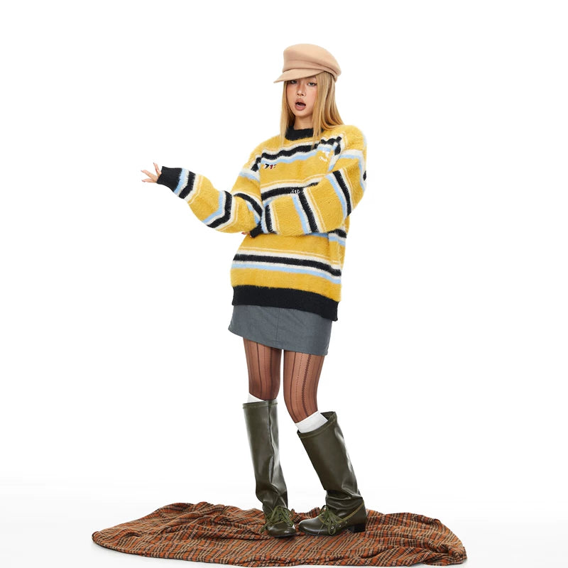 Striped Embroidered Loose Knit Sweater