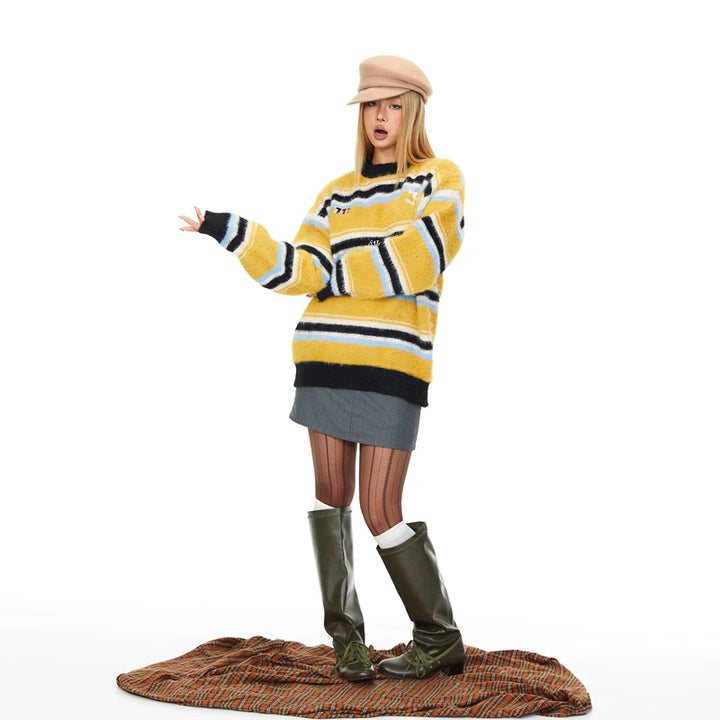 Striped Embroidered Loose Knit Sweater