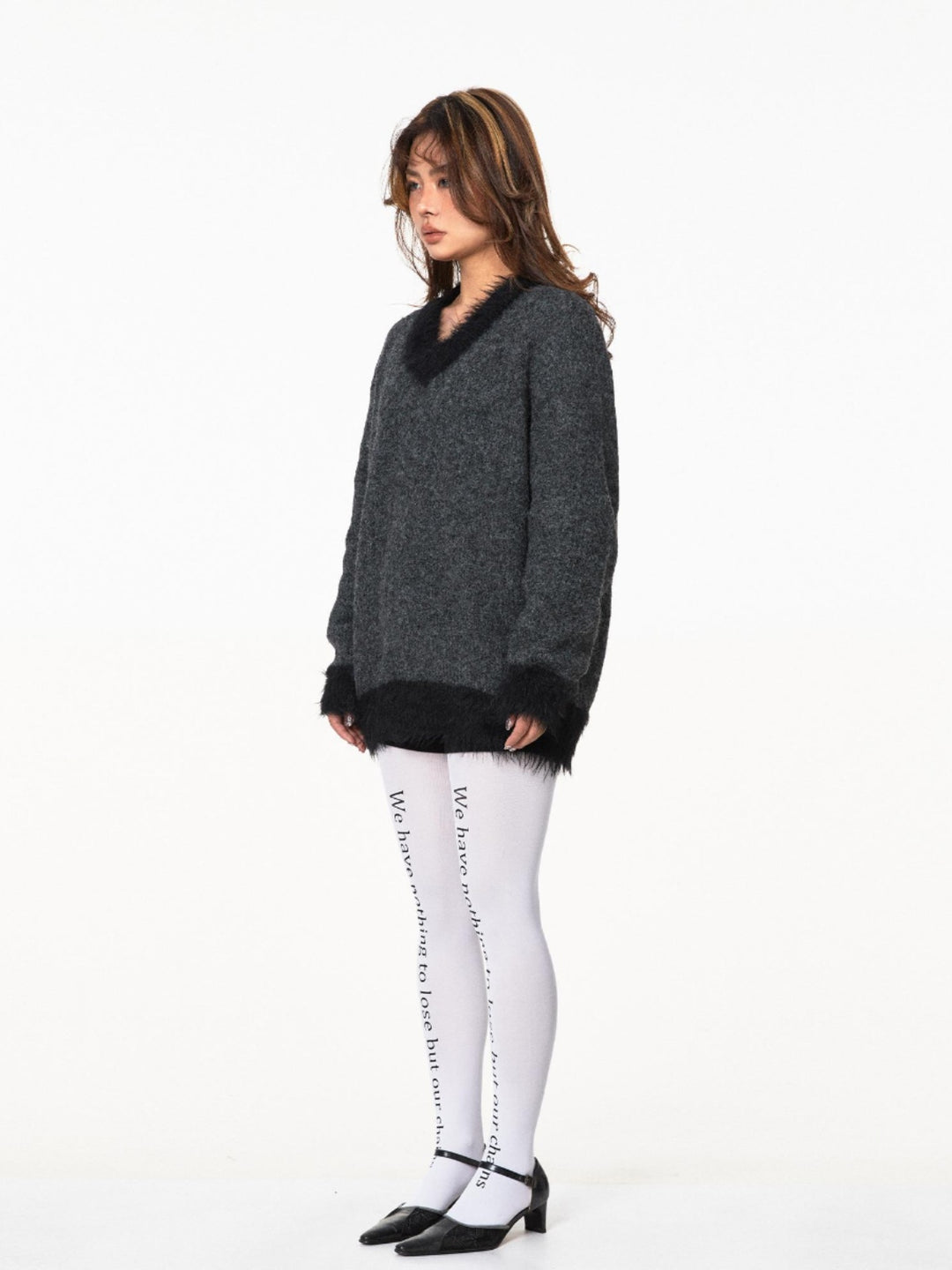 Fur Trim V-Neck Knitted Sweater