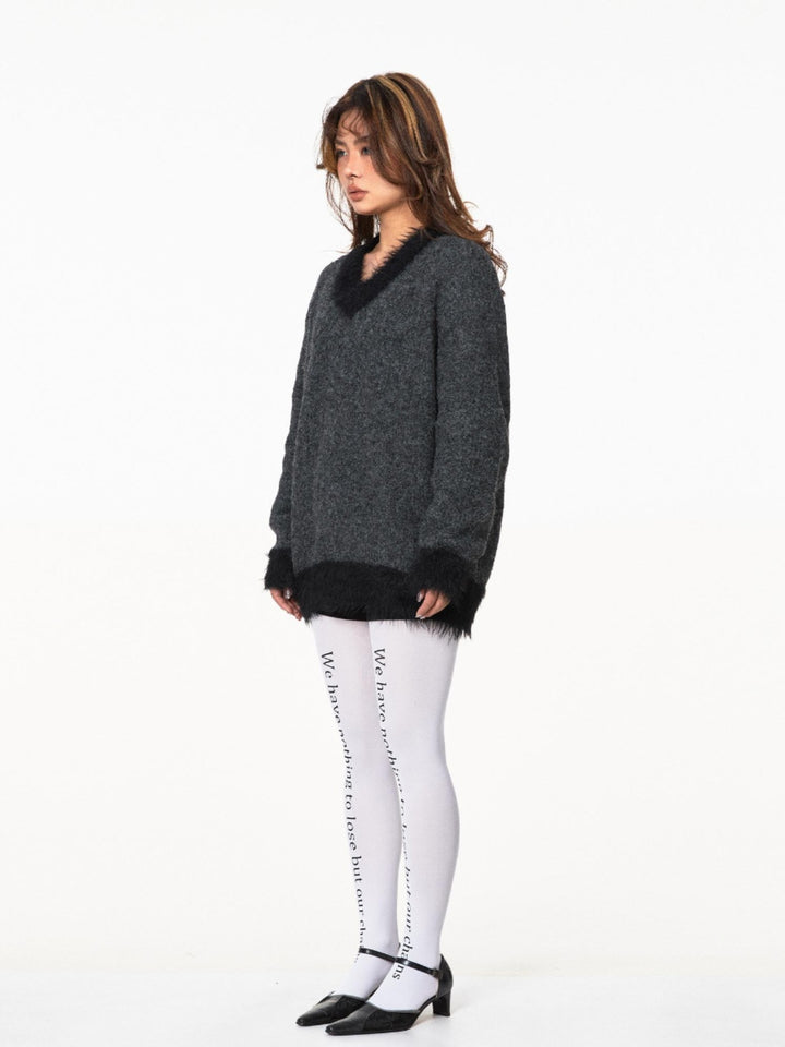 Fur Trim V-Neck Knitted Sweater