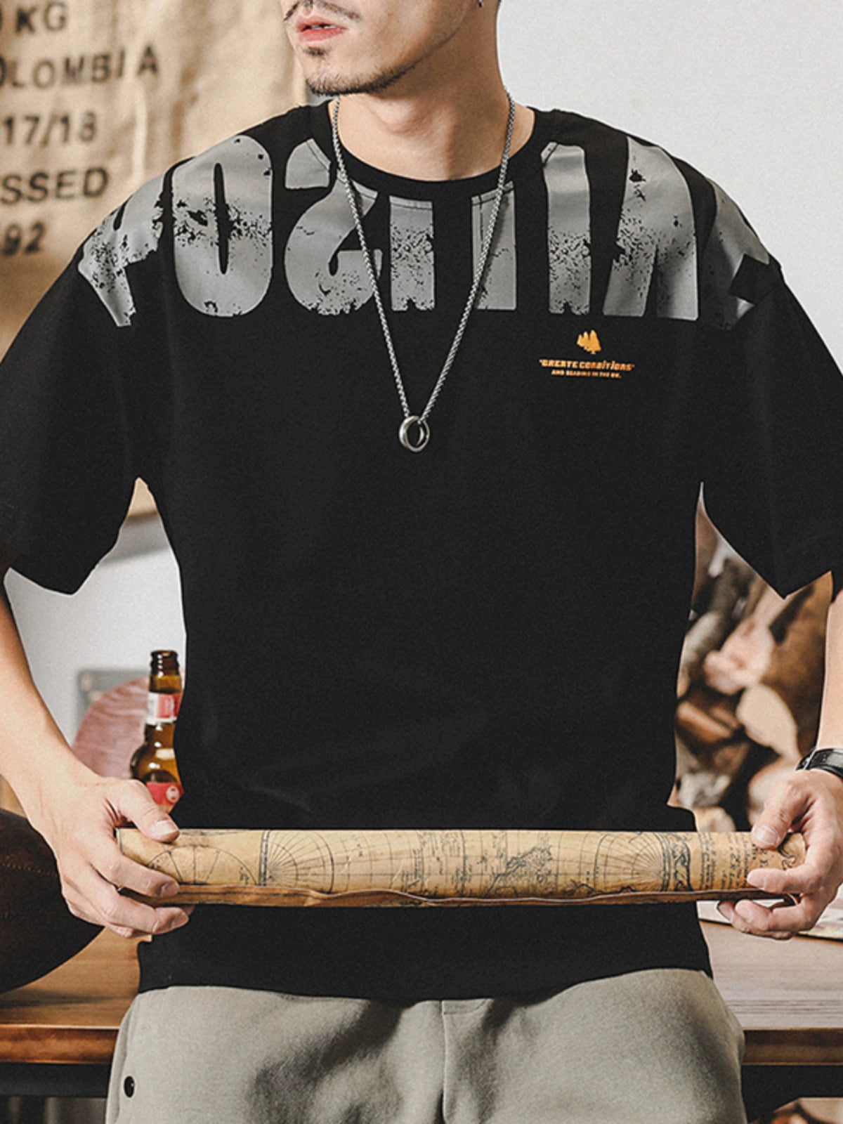 تي شيرت قطن مطبوع بقصة فضفاضة وأكمام قصيرة 