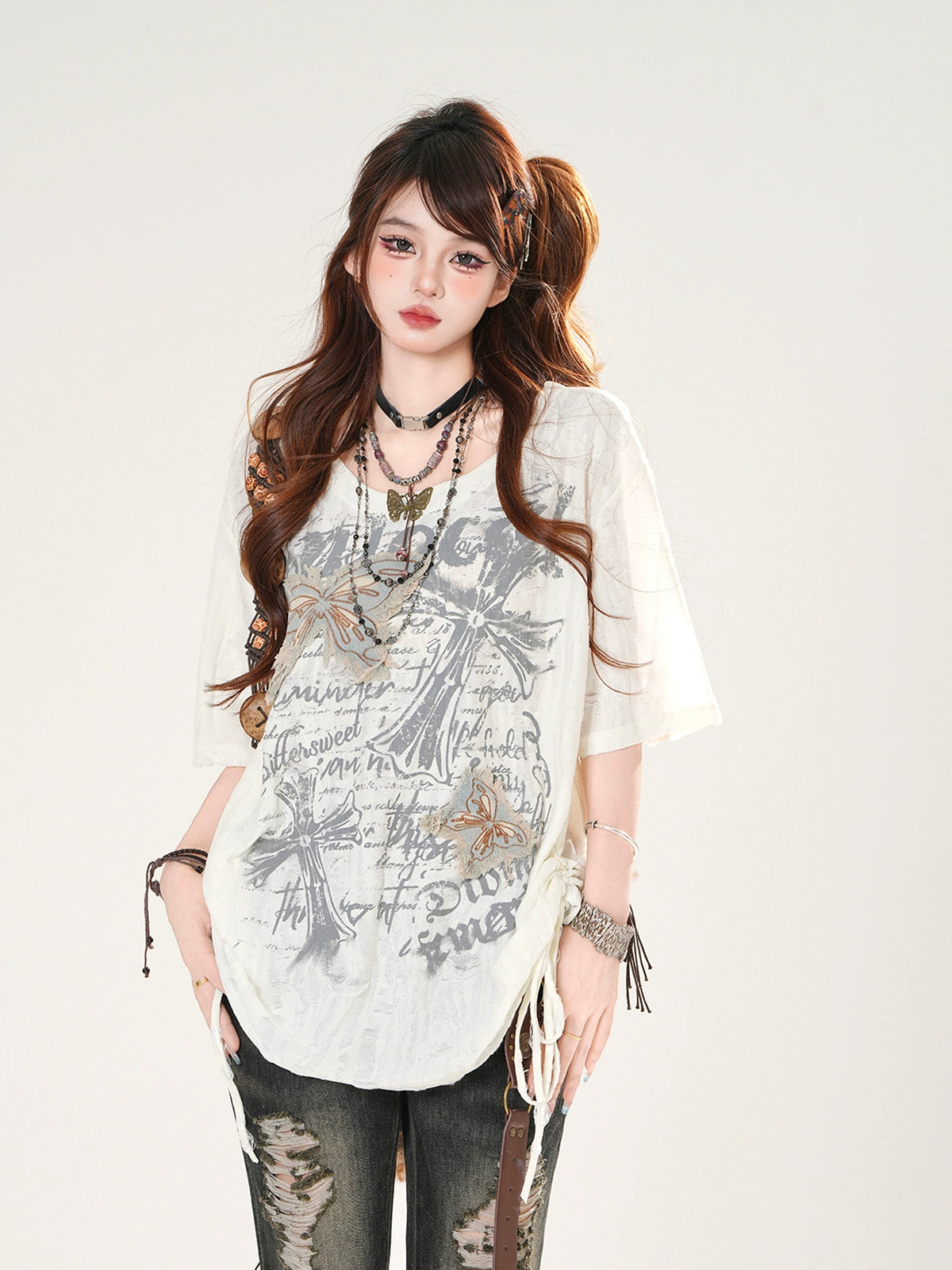 Butterfly Graphic Ripped Short Sleeve T-Shirt