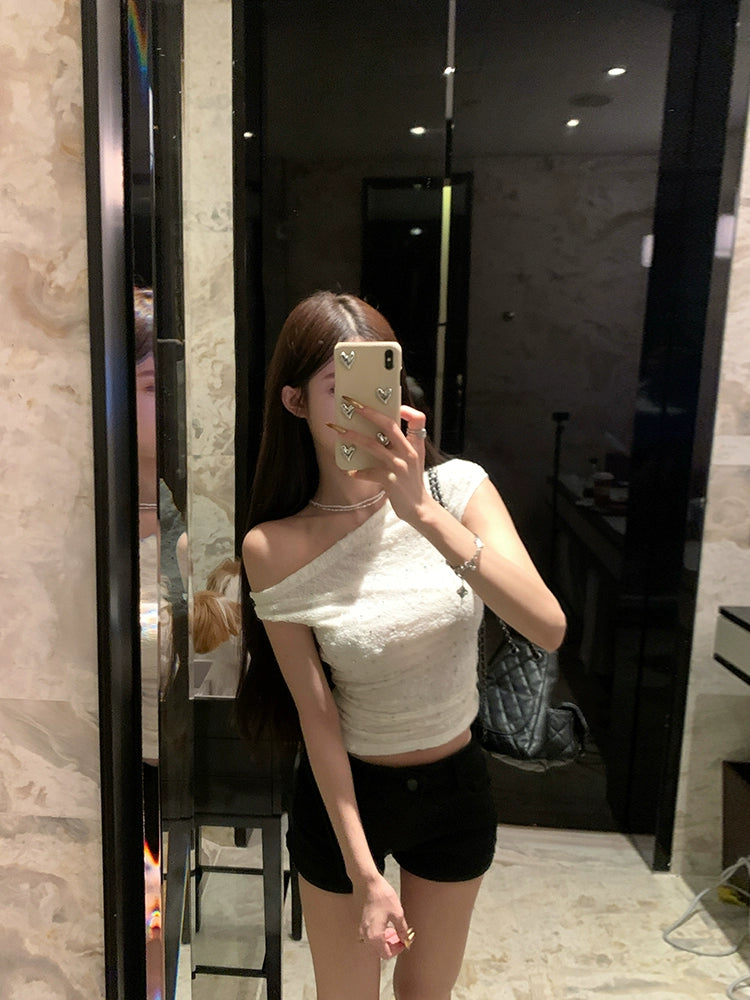 Spitzen-Oberteil mit schulterfreiem Schnitt und kurzen Ärmeln 