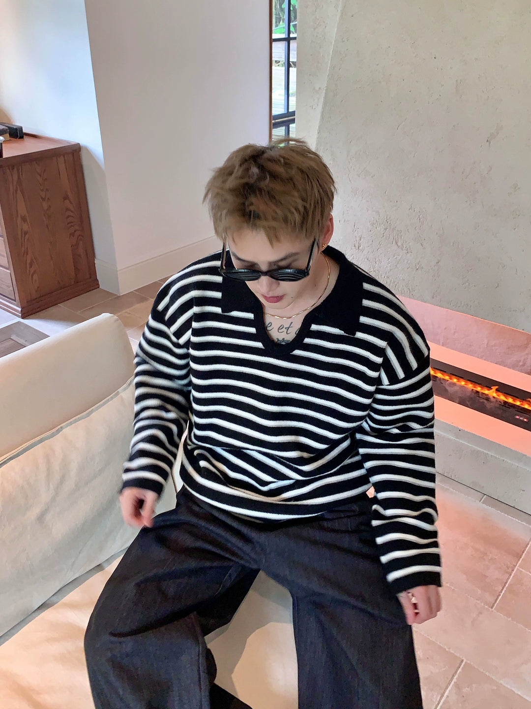 Striped Knit U-Neck Pullover
