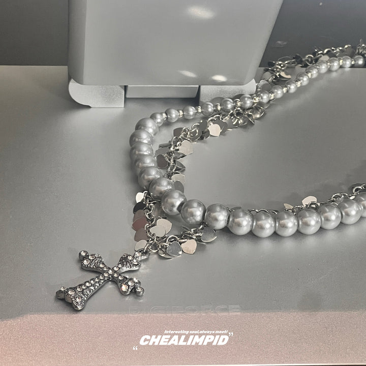 Double-Layer Pearl Sequin Cross Necklace