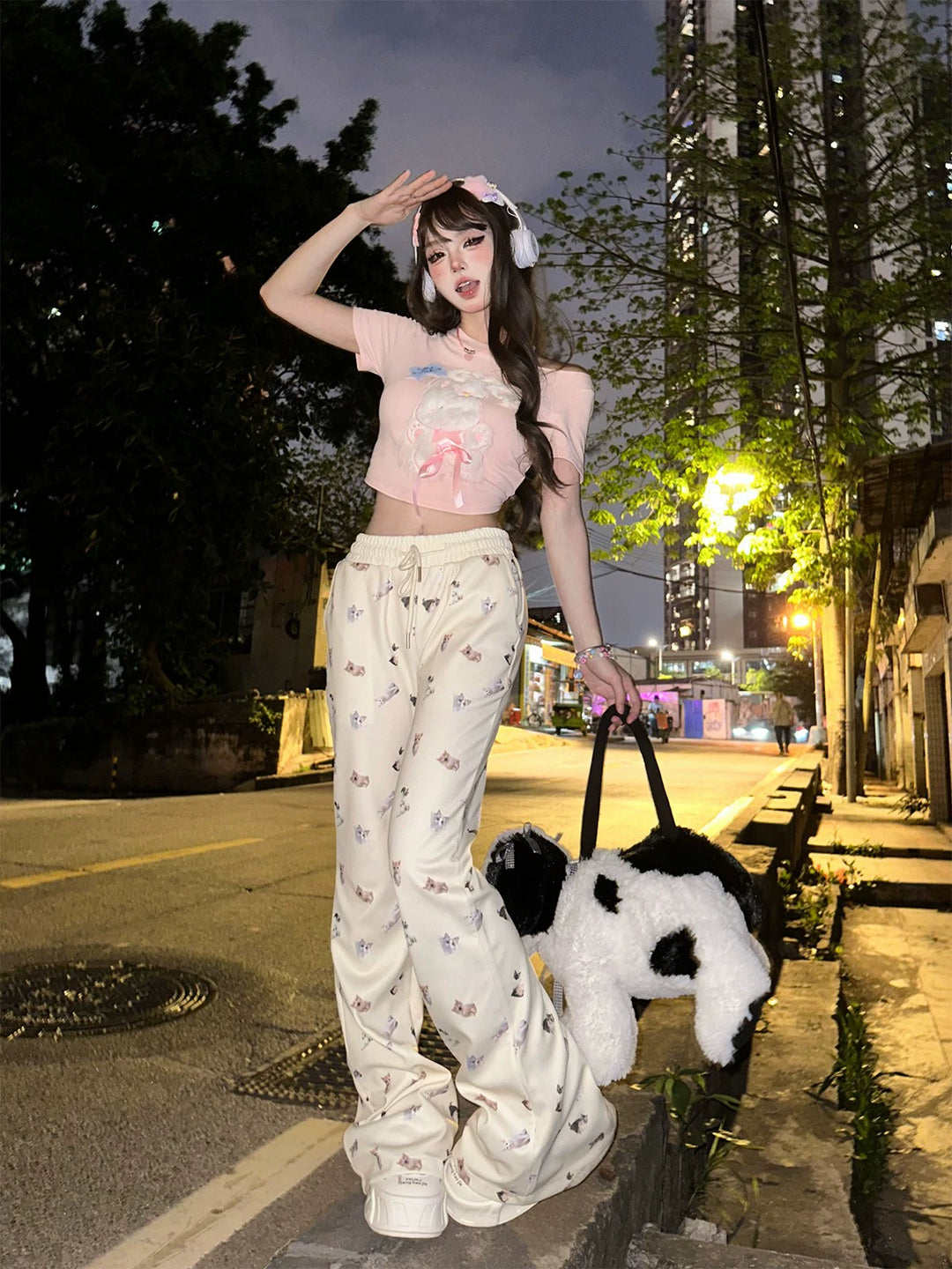 Cat Print Elastic Waist Flared Pants
