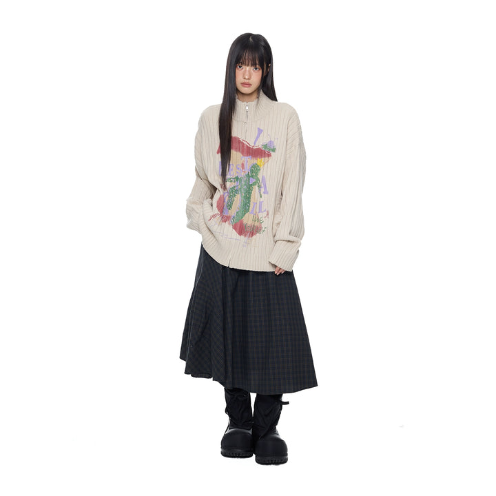 Letter Print Knitted Zip Sweater