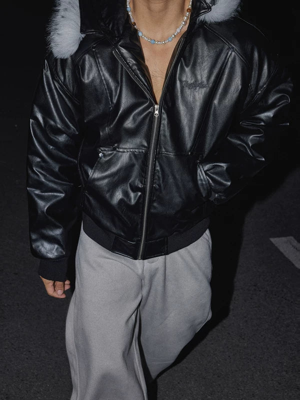 Retro huva läderjacka med pälskrage 