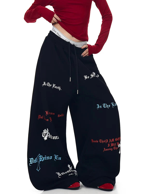 Çapraz Baskılı Geniş Paça Polar Eşofman Altı 