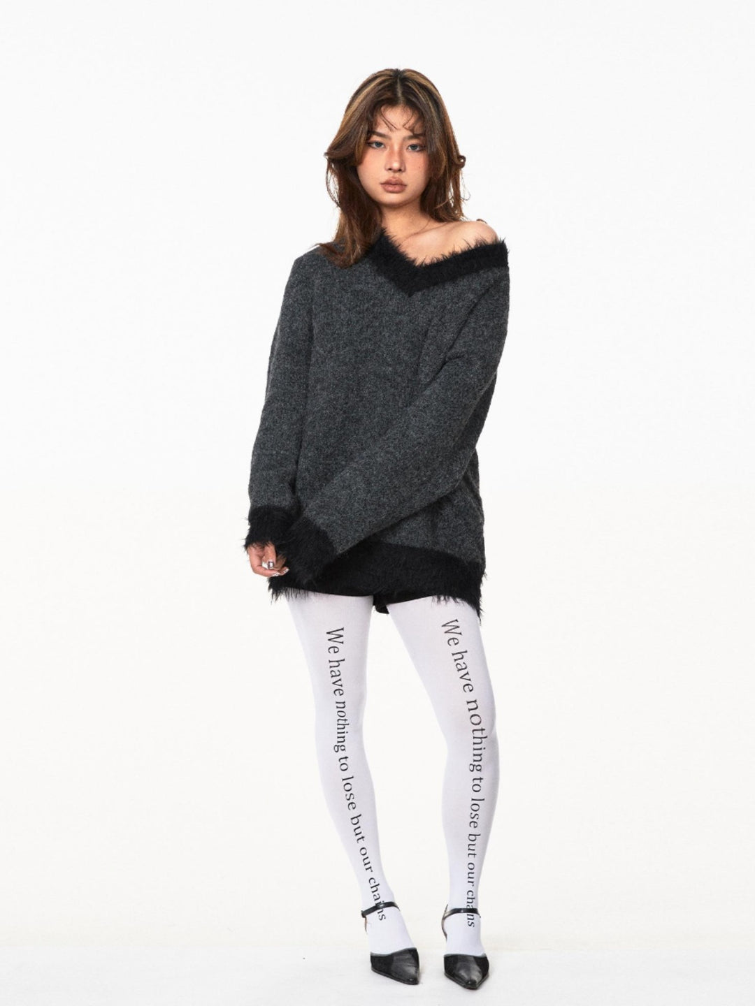 Fur Trim V-Neck Knitted Sweater
