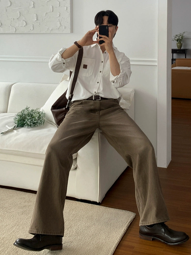 Washed Wide-Leg Straight Jeans