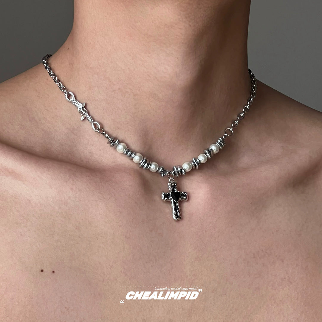 Irregular Titanium Steel Pearl Cross Necklace