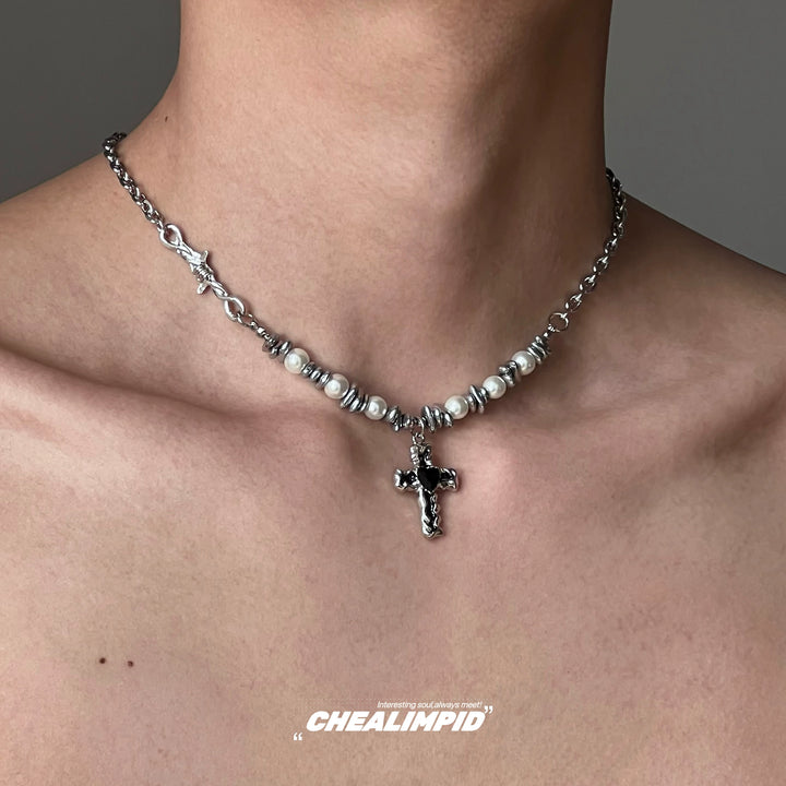 Irregular Titanium Steel Pearl Cross Necklace