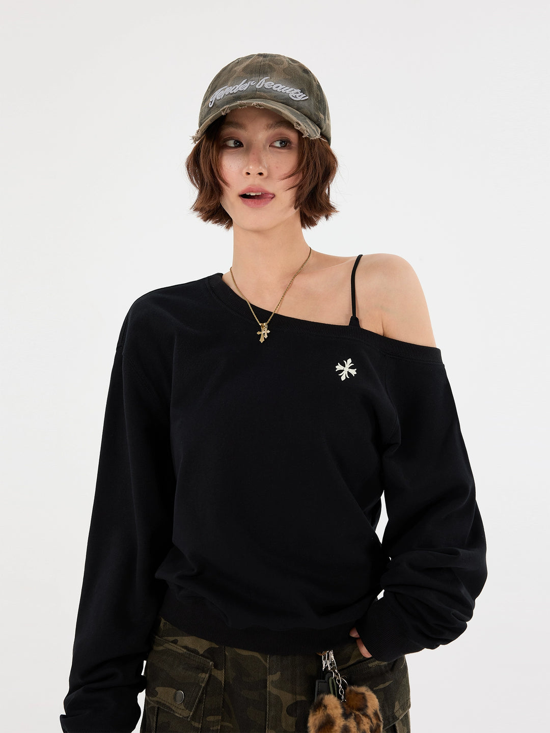 Sweat-shirt à col off-shoulder avec impression croisée 