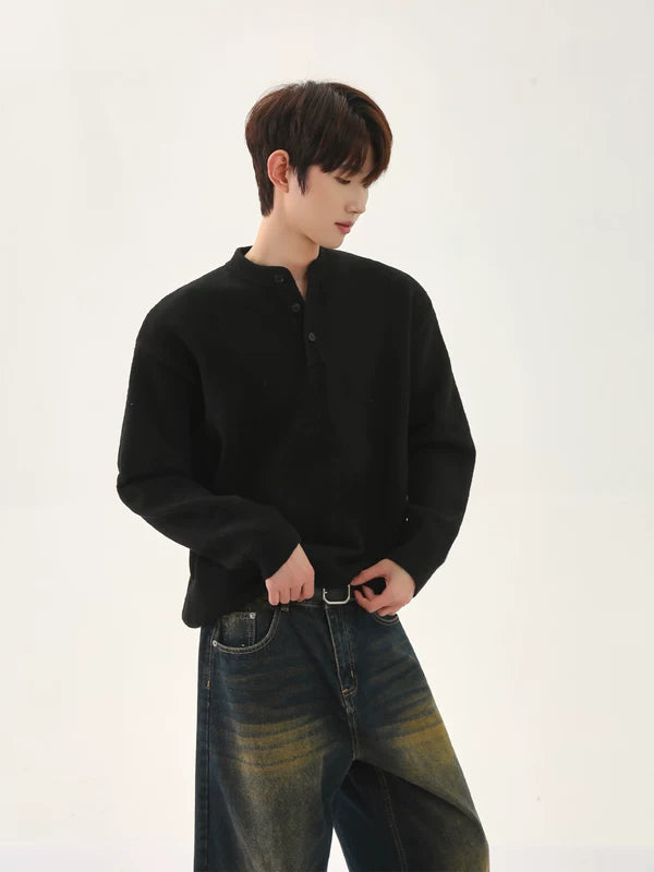 Retro Henley Collar Knit Sweater